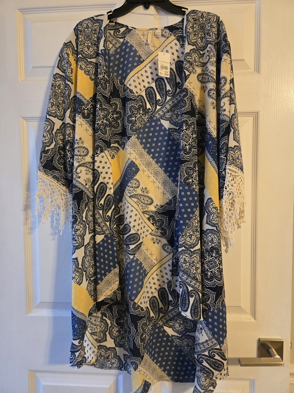 Boho Patchwork Kimono Cardigan - Blue, White & Yellow